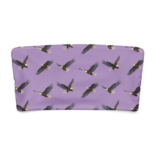 Purple bandeau bikini top with pattern of bald eagles.
