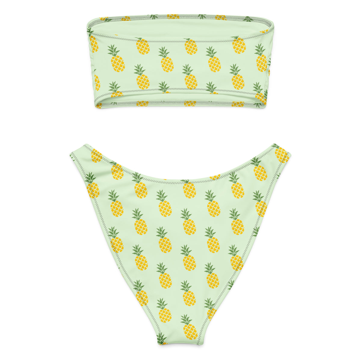 Back of bandeau bikini with an all-over pineapple design set on a light-green background.