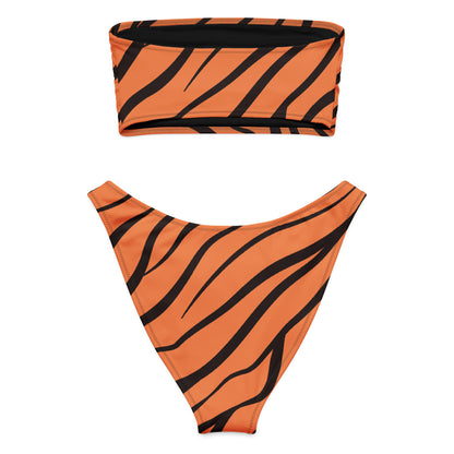 Back of bandeau bikini with a tiger skin pattern.