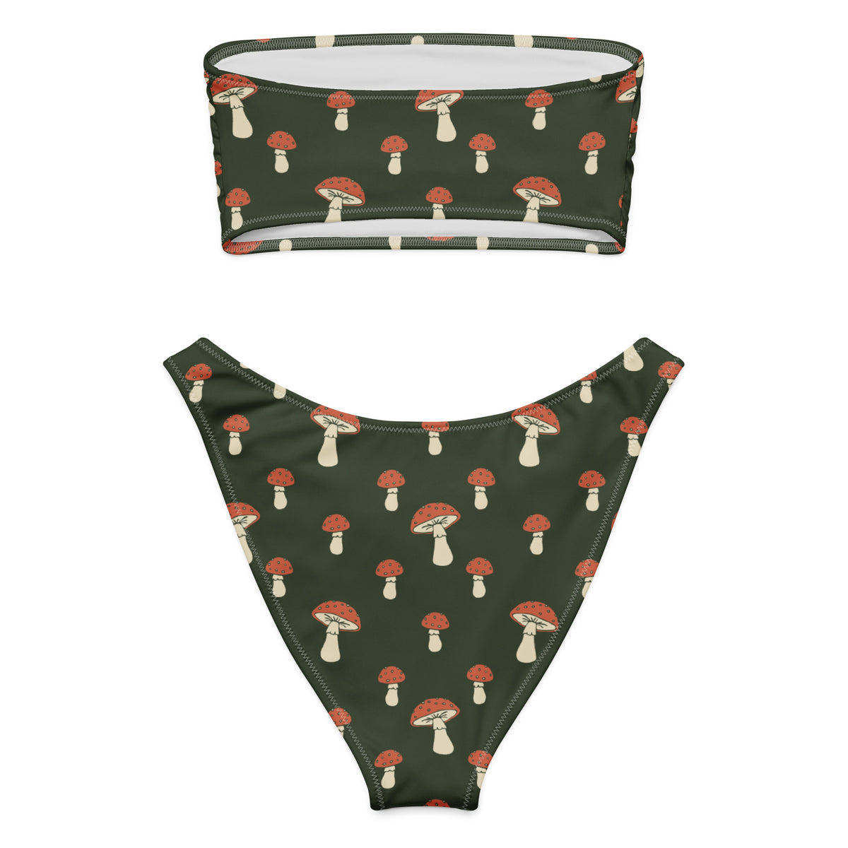 Back of bandeau bikini with all-over design of mushrooms set on a dark-green background.