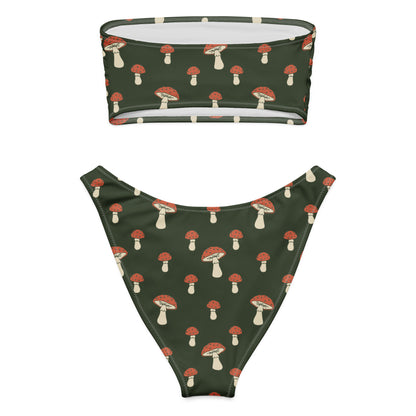 Back of bandeau bikini with all-over design of mushrooms set on a dark-green background.