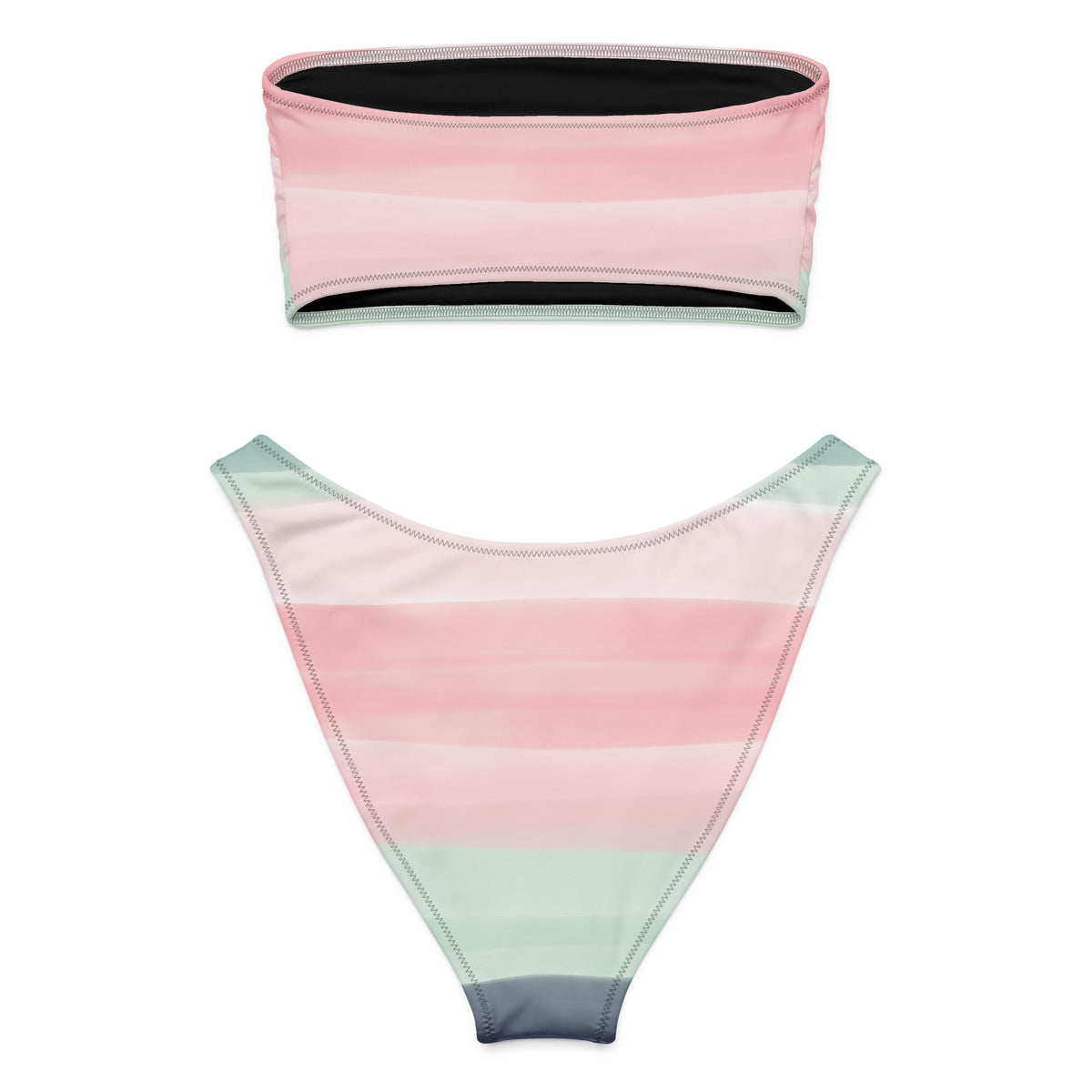 Back of bandeau bikini with colors light pastel green, shades of pink, in stripes and in a watercolor style.