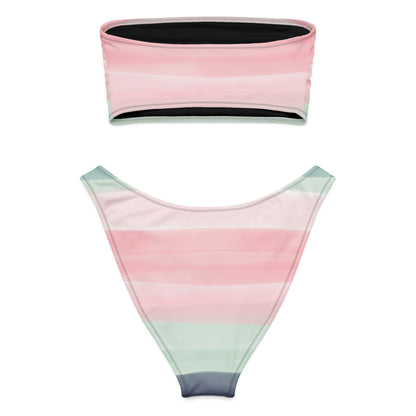 Back of bandeau bikini with colors light pastel green, shades of pink, in stripes and in a watercolor style.