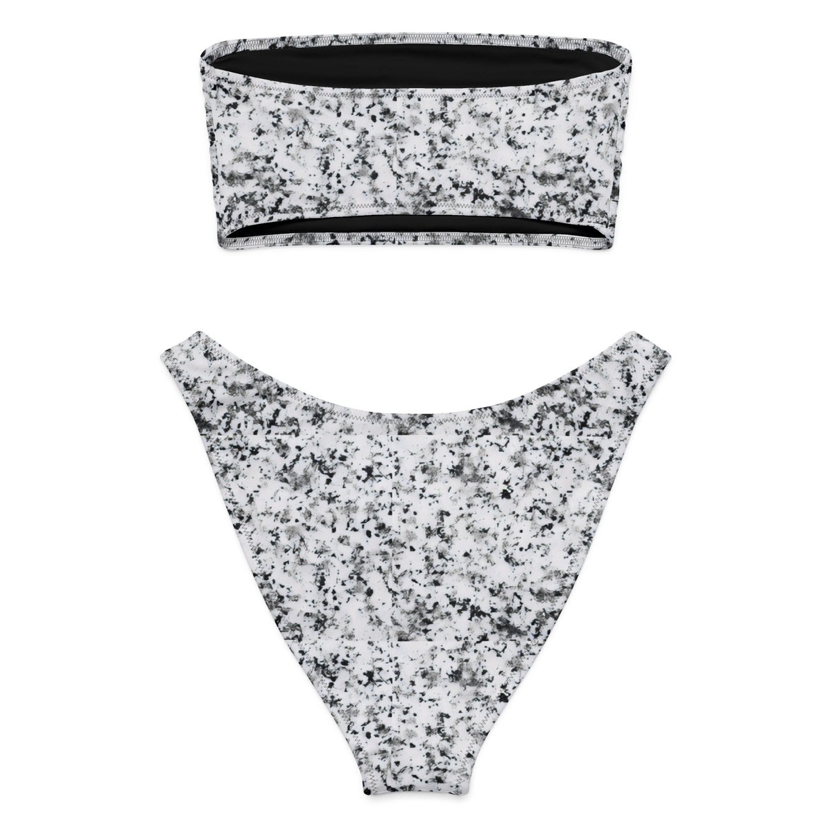 Back of bandeau bikini with pattern of black splotches set on a white background.