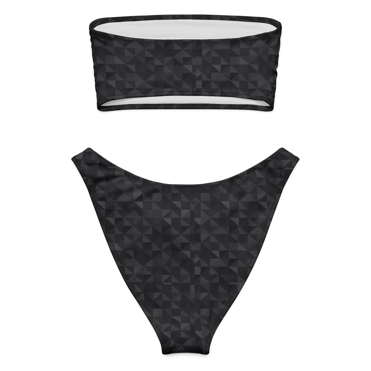 Back of bandeau bikini with a dark-gray mosaic pattern.