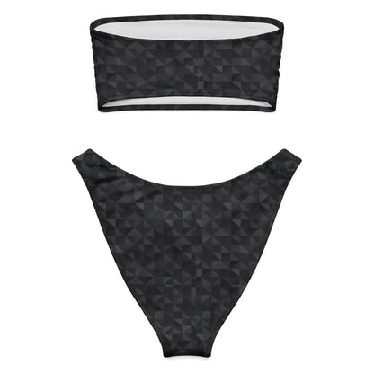 Back of bandeau bikini with a dark-gray mosaic pattern.