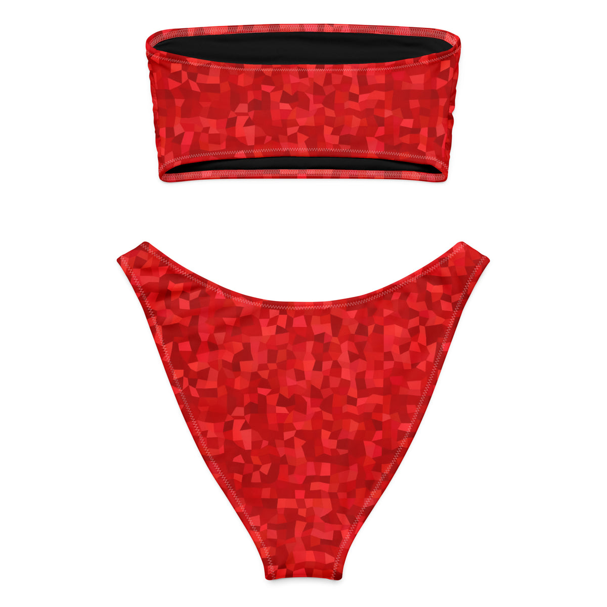 Back of bandeau bikini with red geometric pattern.