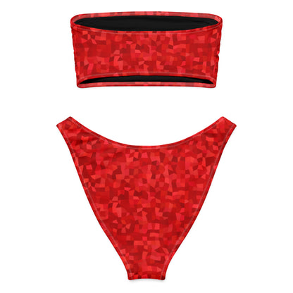 Back of bandeau bikini with red geometric pattern.