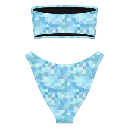 Back of bandeau bikini with cyan geometric pattern.