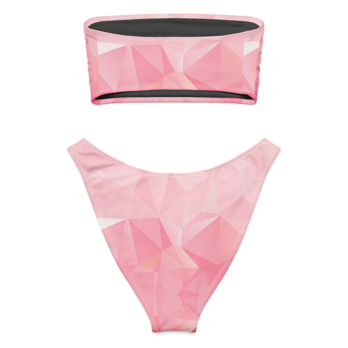 Back of bandeau bikini with pink geometric pattern