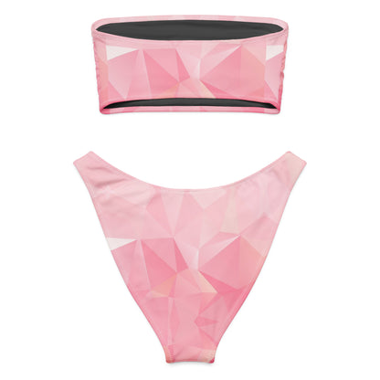 Back of bandeau bikini with pink geometric pattern