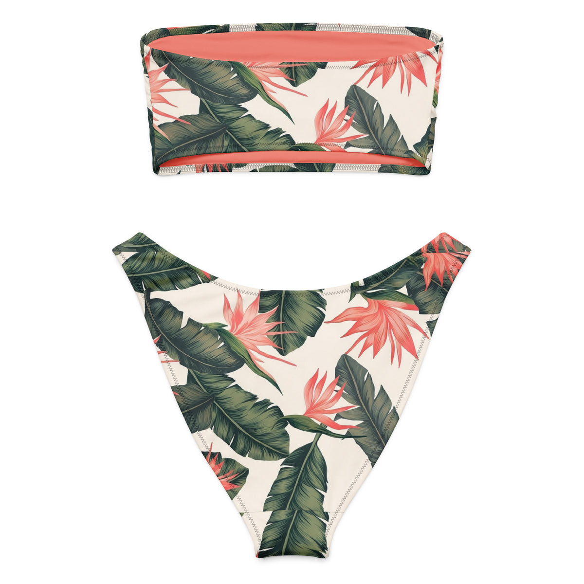 Bandeau bikini with tropical floral pattern.