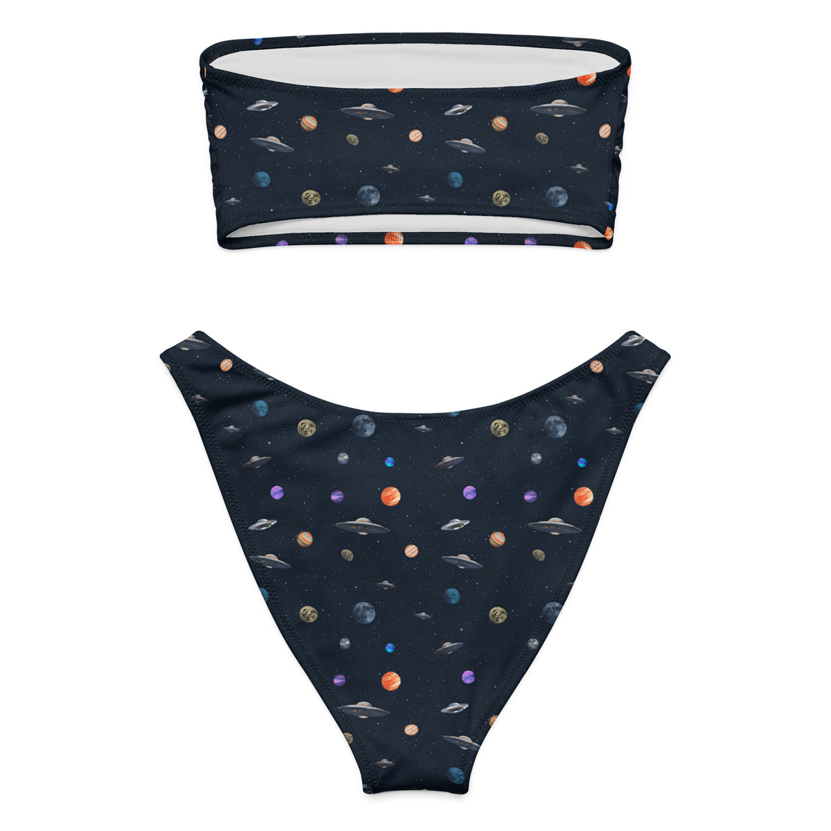 Bikini with pattern of UFOs and planets in space.