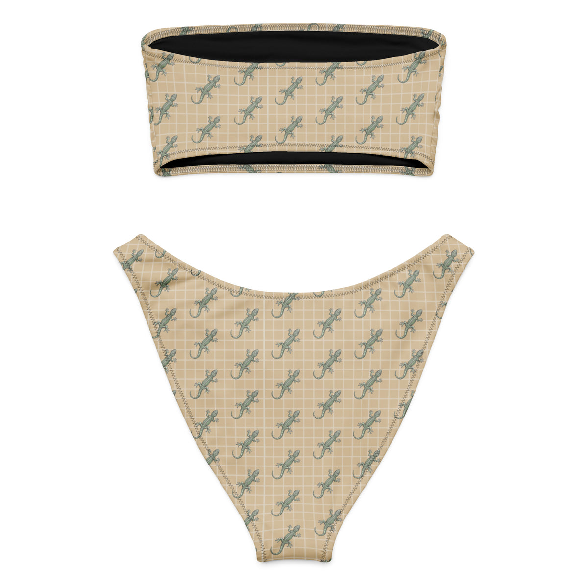 Beige bikini with pattern of green geckos.