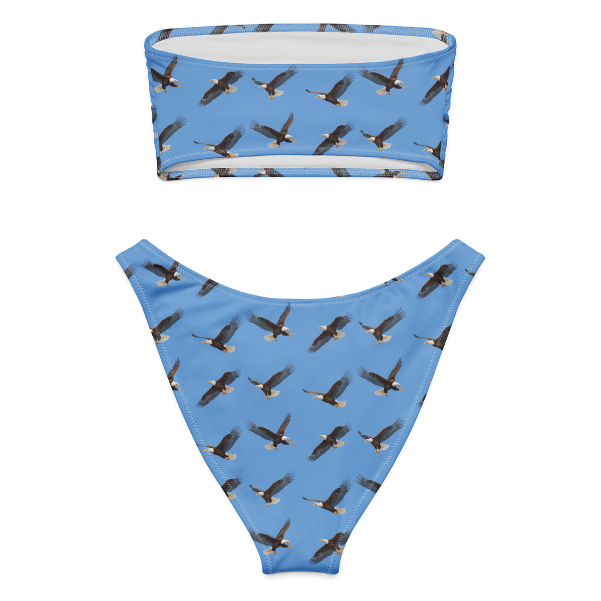 Blue bikini with pattern of bald eagles.