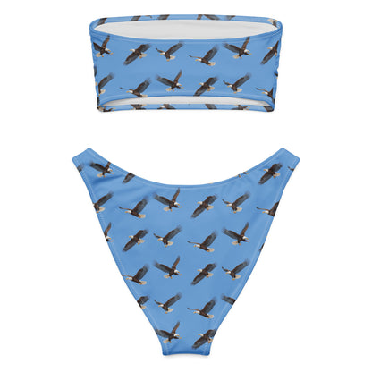 Blue bikini with pattern of bald eagles.