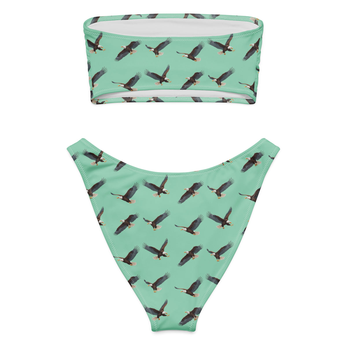 Green bikini with pattern of bald eagles.