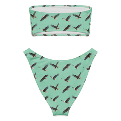 Green bikini with pattern of bald eagles.