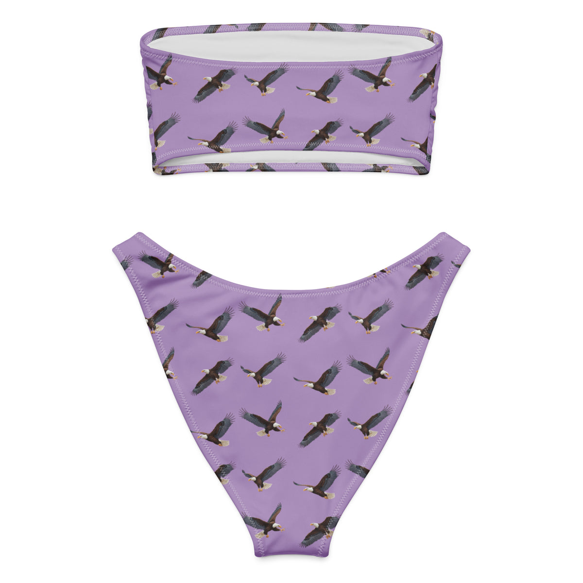 Purple bikini with pattern of bald eagles.