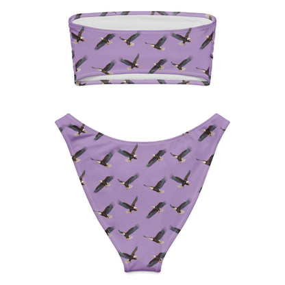 Purple bikini with pattern of bald eagles.