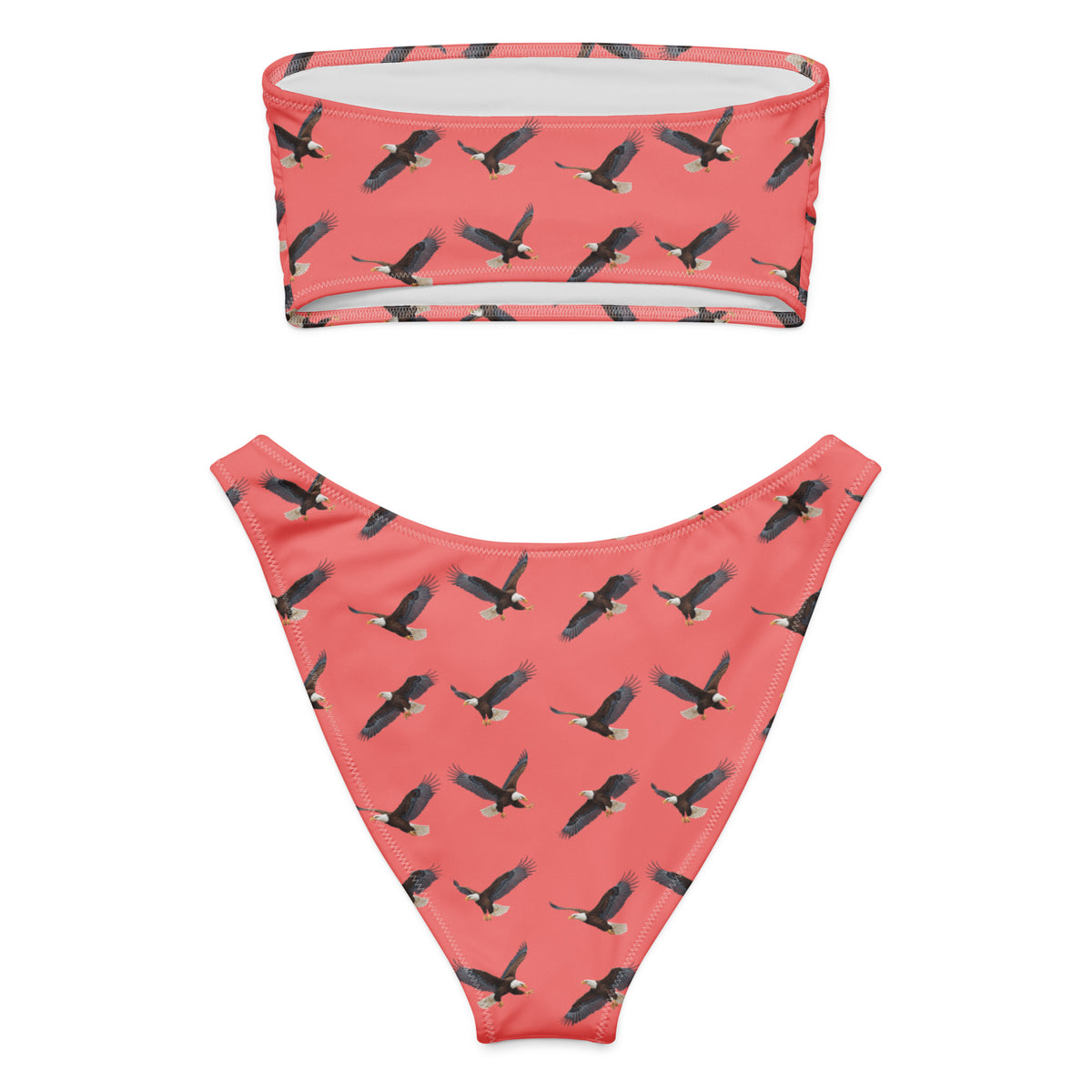 Red bikini with pattern of bald eagles.