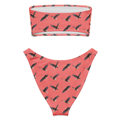Red bikini with pattern of bald eagles.