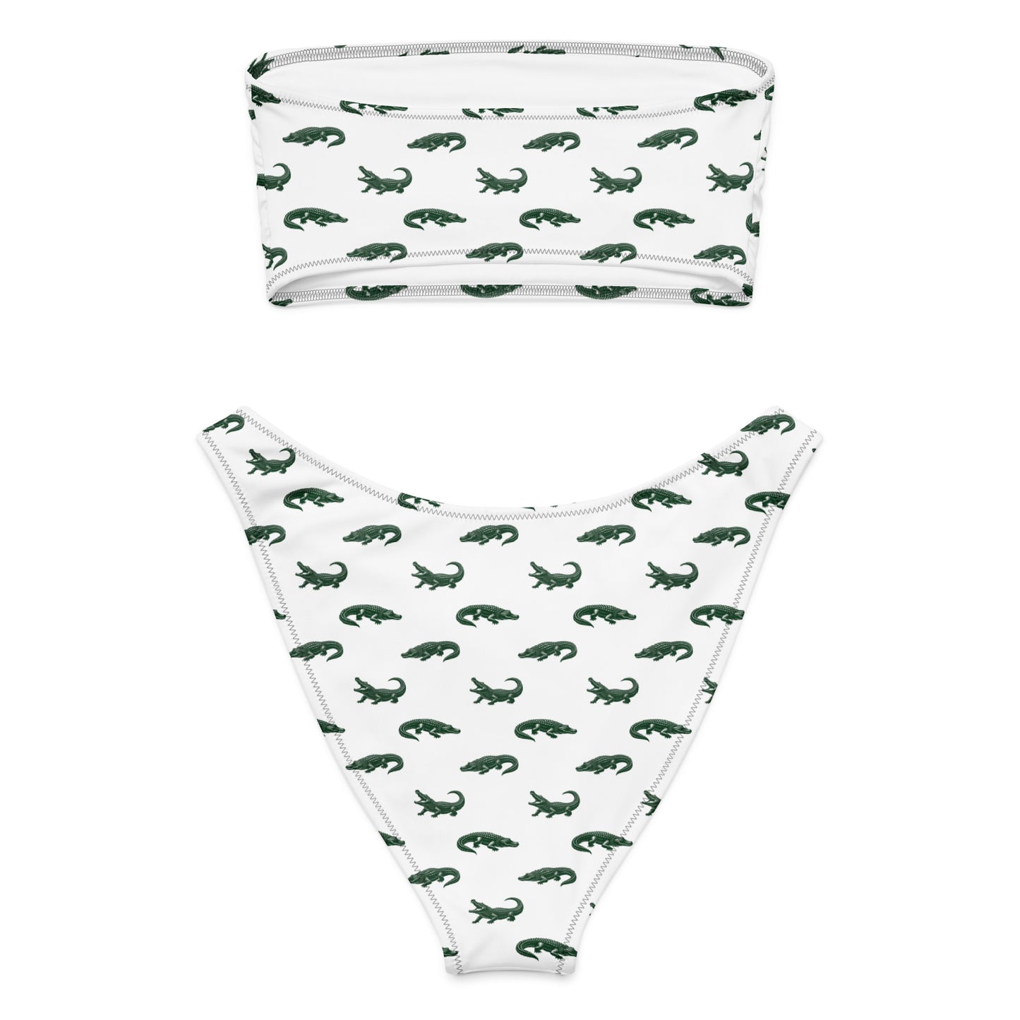 White bikini with pattern of green alligators.