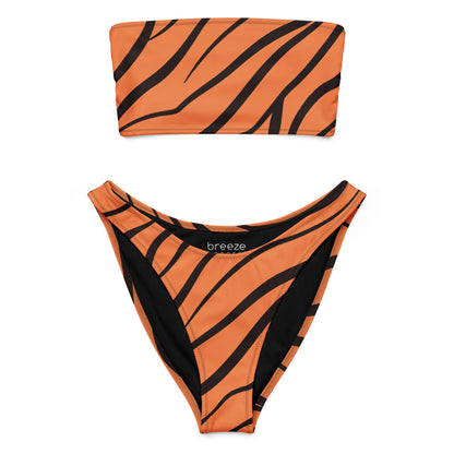 Bandeau bikini with a tiger skin pattern.
