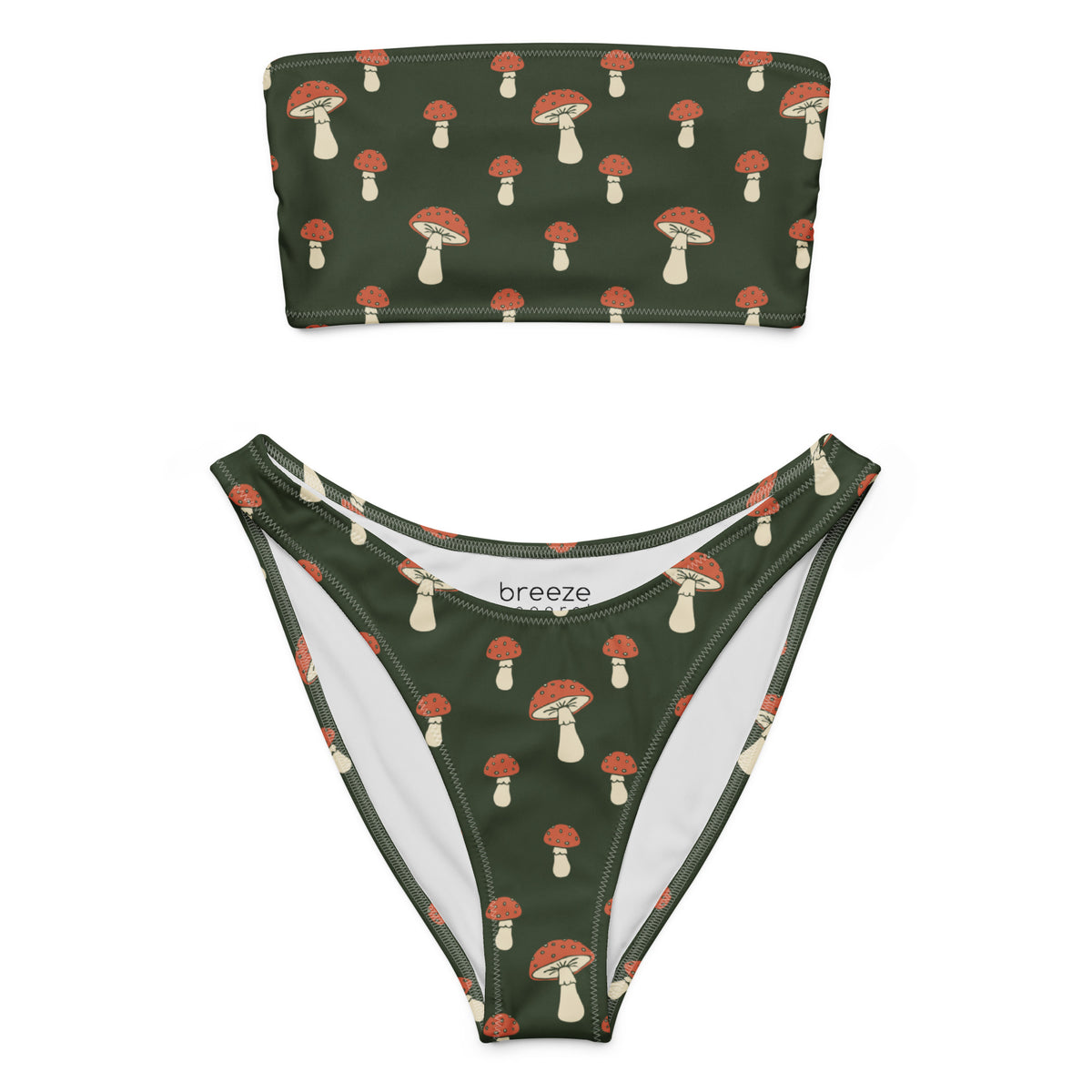 Bandeau bikini with all-over design of mushrooms set on a dark-green background.