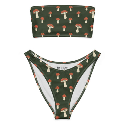 Bandeau bikini with all-over design of mushrooms set on a dark-green background.
