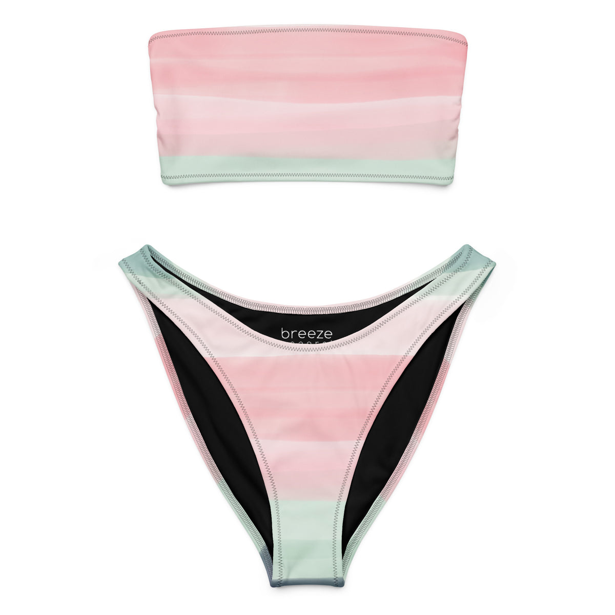 Bandeau bikini with colors light pastel green, shades of pink, in stripes and in a watercolor style.