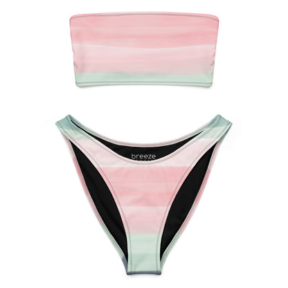 Bandeau bikini with colors light pastel green, shades of pink, in stripes and in a watercolor style.