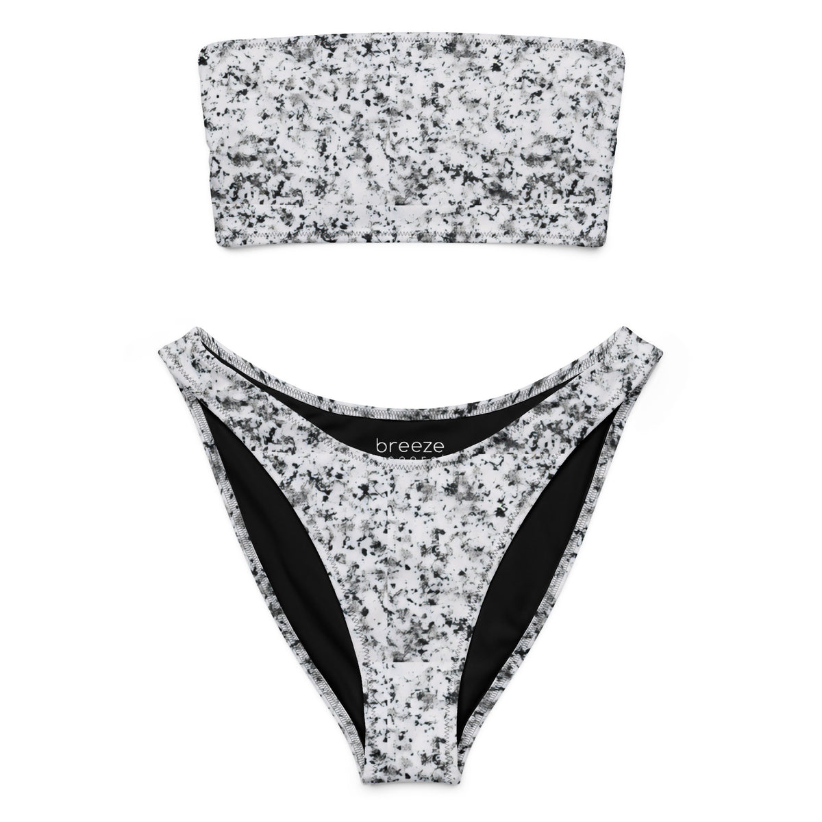Bandeau bikini with pattern of black splotches set on a white background.