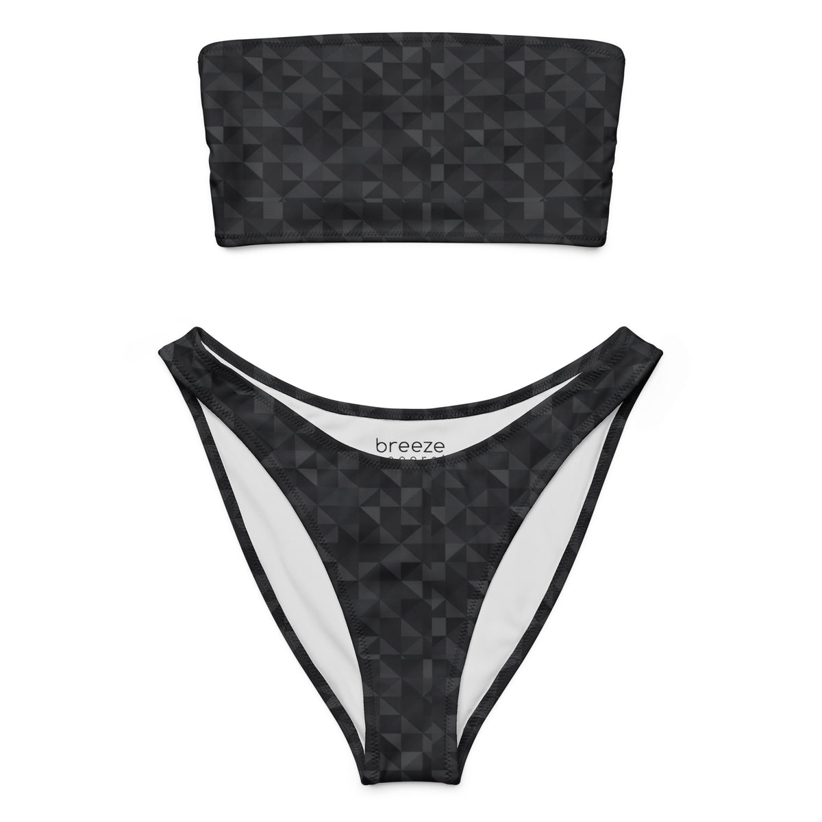 Bandeau bikini with a dark-gray mosaic pattern.