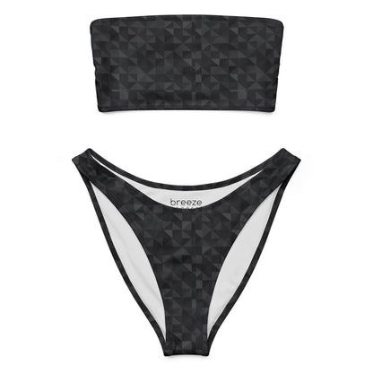 Bandeau bikini with a dark-gray mosaic pattern.