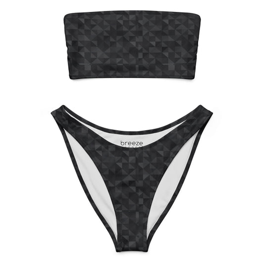 Bandeau bikini with a dark-gray mosaic pattern.