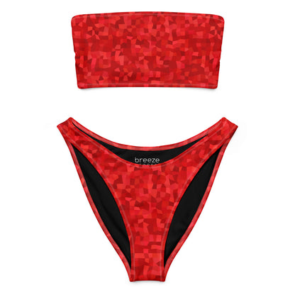 Bandeau bikini with red geometric pattern.