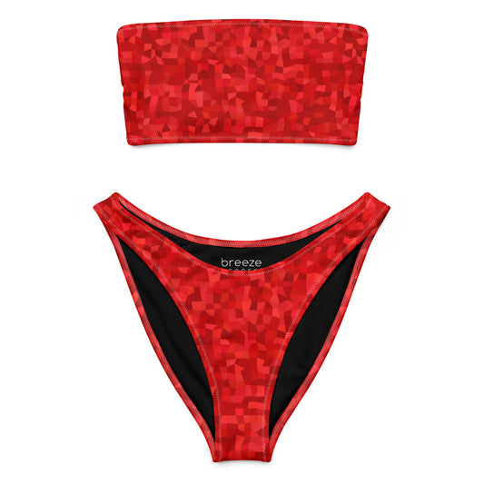 Bandeau bikini with red geometric pattern.