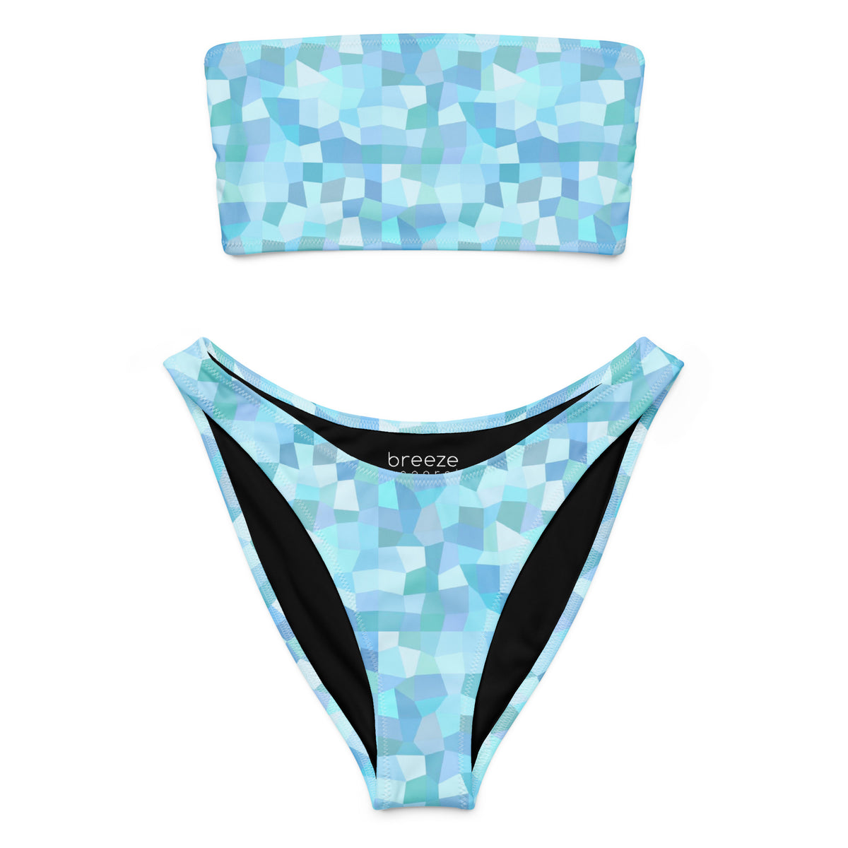 Bandeau bikini with cyan geometric pattern.