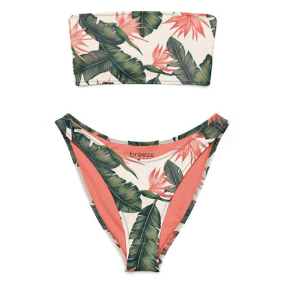 Bandeau bikini with tropical floral pattern.