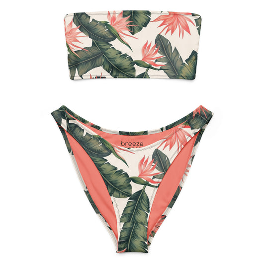 Bandeau bikini with tropical floral pattern.