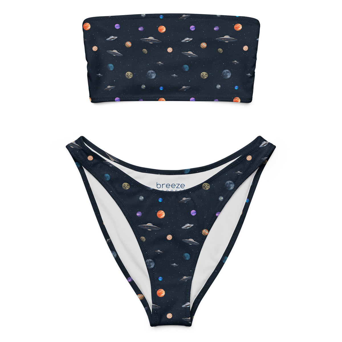 Bikini with pattern of UFOs and planets in space.