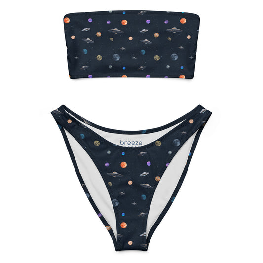 Bikini with pattern of UFOs and planets in space.