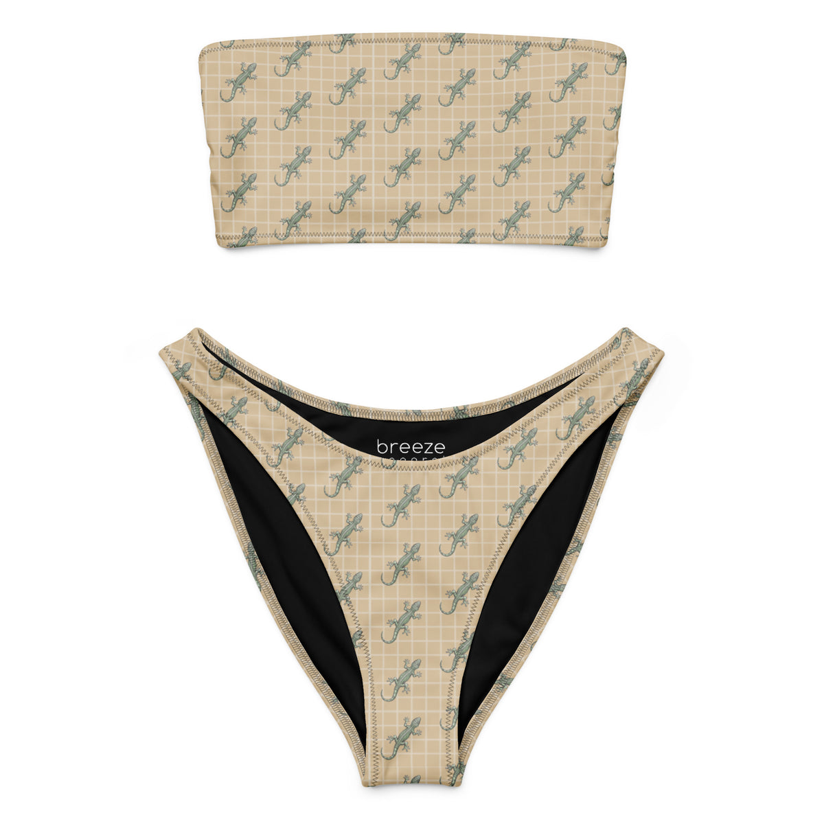Beige bikini with pattern of green geckos.