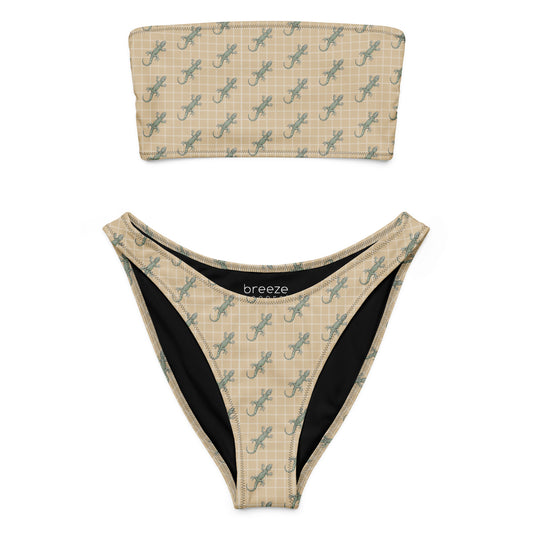 Beige bikini with pattern of green geckos.