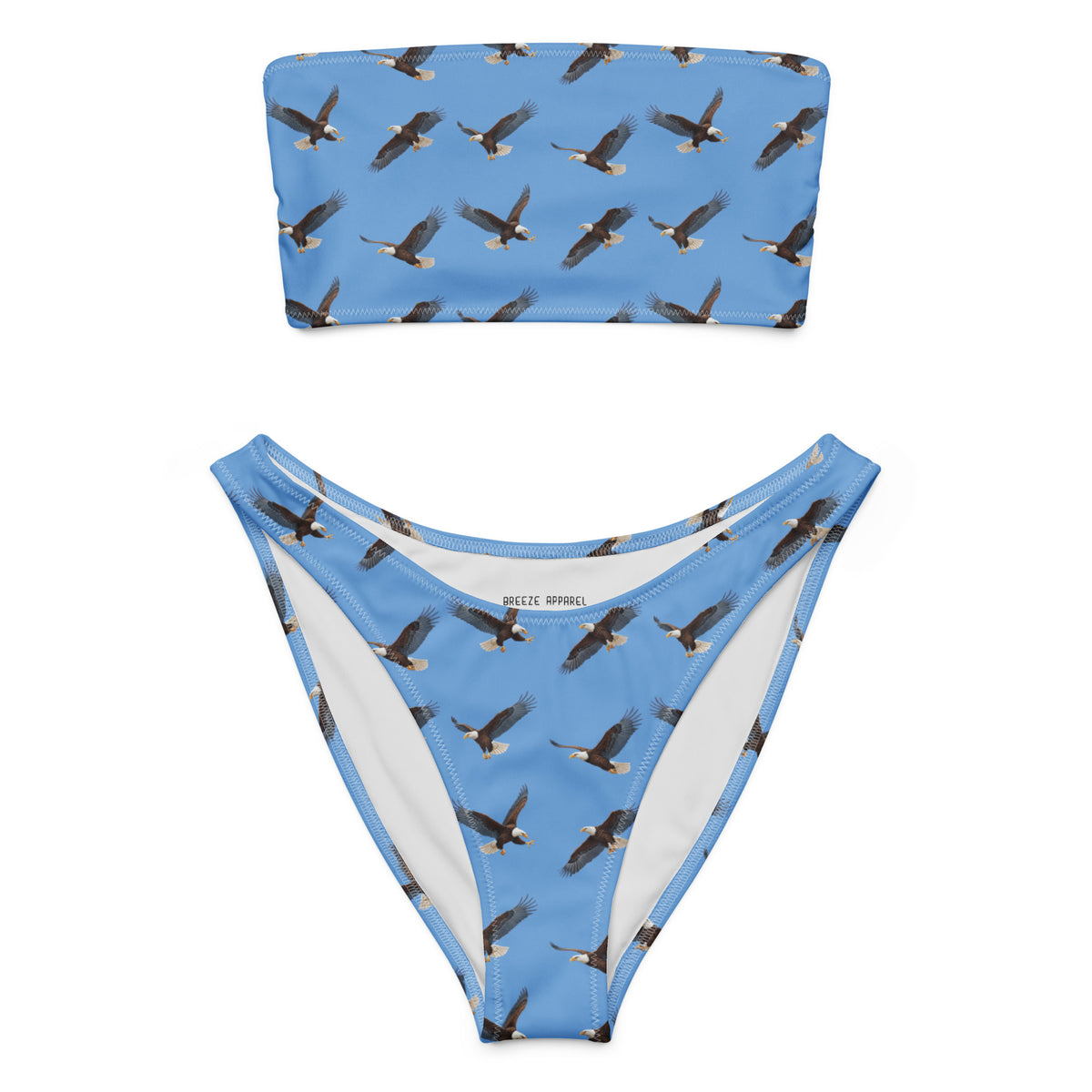 Blue bikini with pattern of bald eagles.