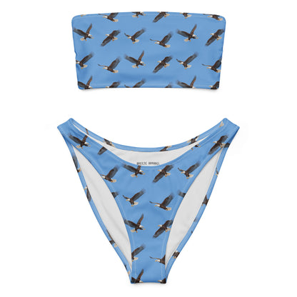 Blue bikini with pattern of bald eagles.