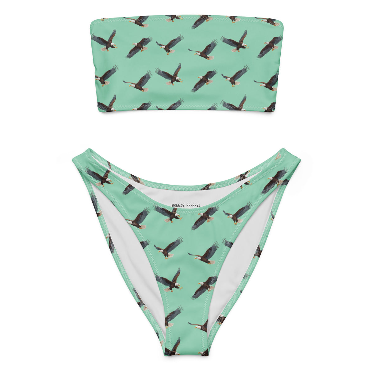 Green bikini with pattern of bald eagles.