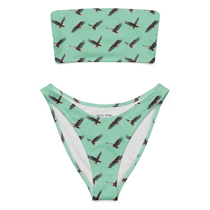 Green bikini with pattern of bald eagles.