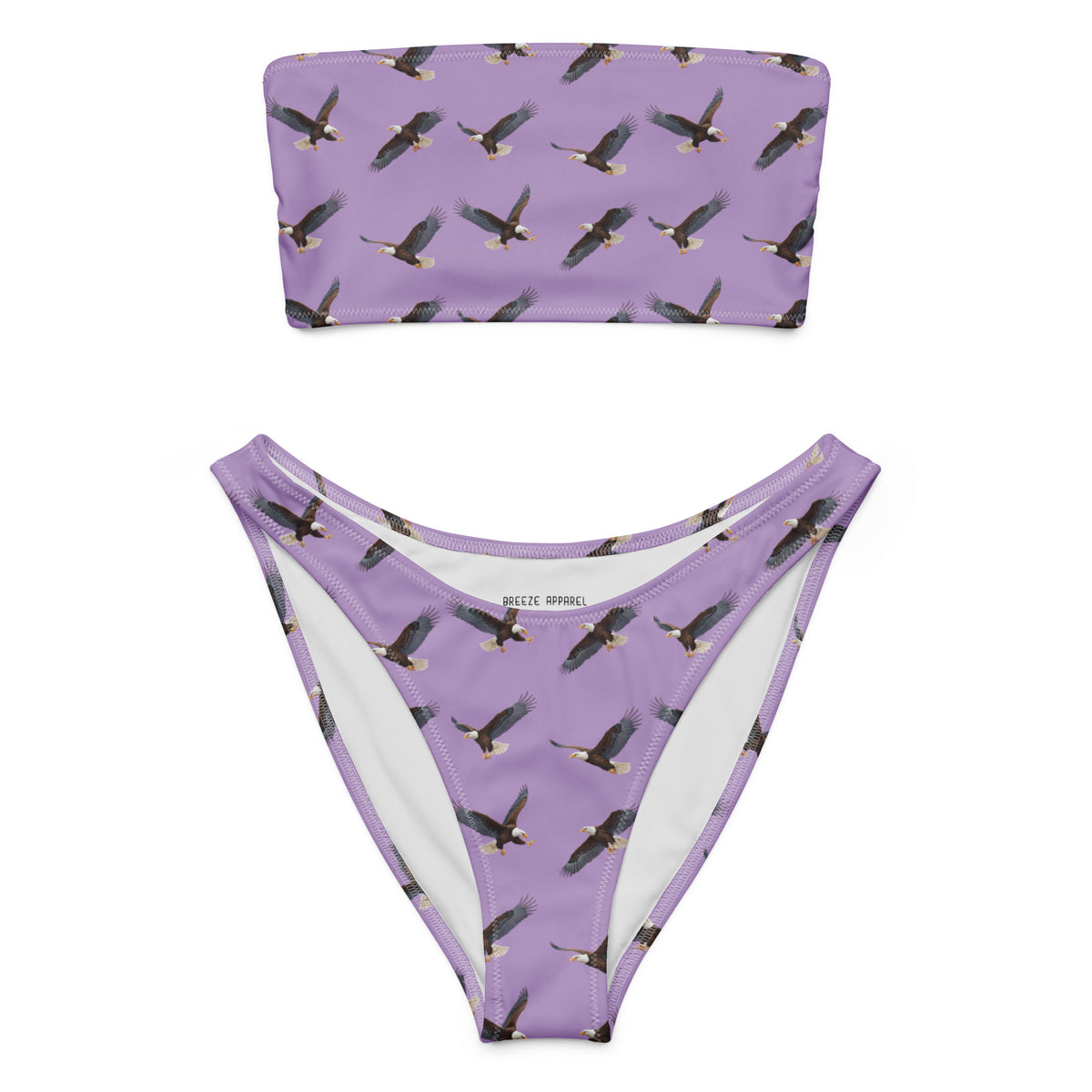 Purple bikini with pattern of bald eagles.